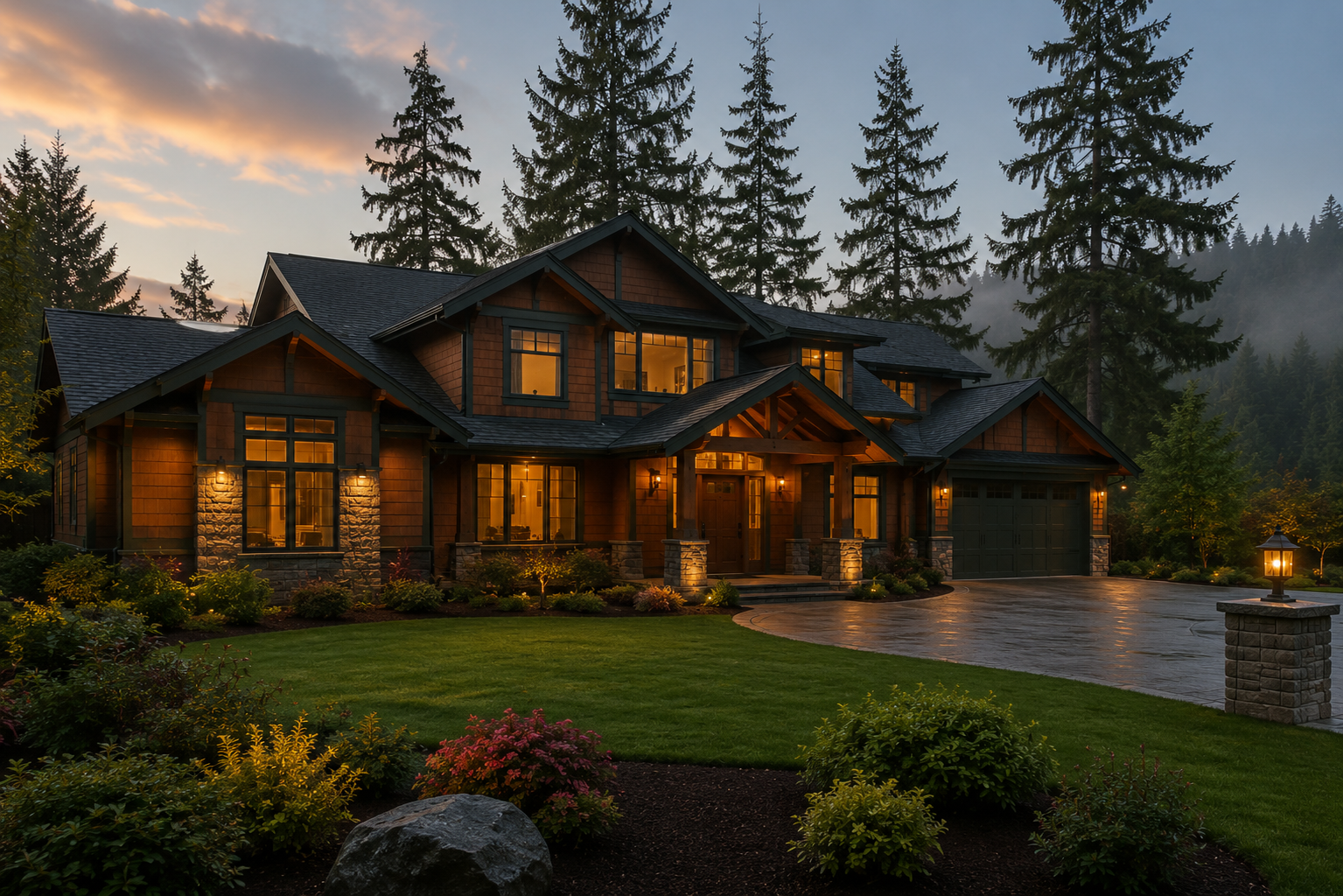 A craftsman-style Pacific Northwest home at dusk, surrounded by evergreen trees, with warm interior lighting